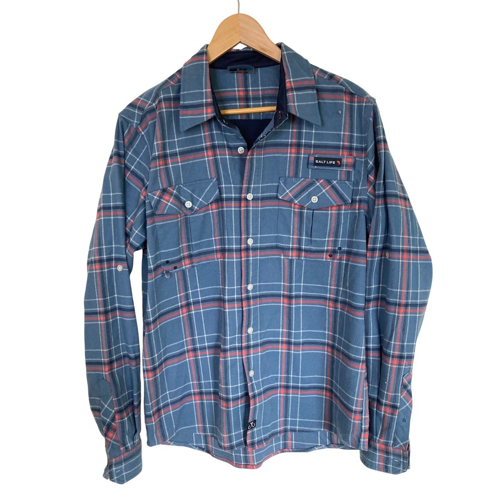 Salt Life SLX Mens Medium Blue Red Plaid Performance Fishing‎ Shirt SLM30265